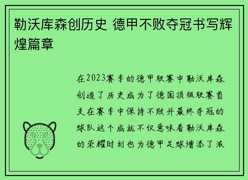 勒沃库森创历史 德甲不败夺冠书写辉煌篇章